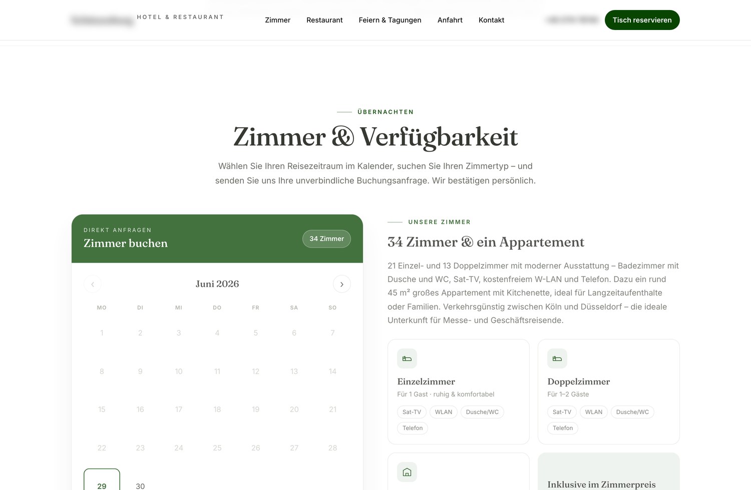 Website mit Online-Buchung für ein Hotel und Restaurant